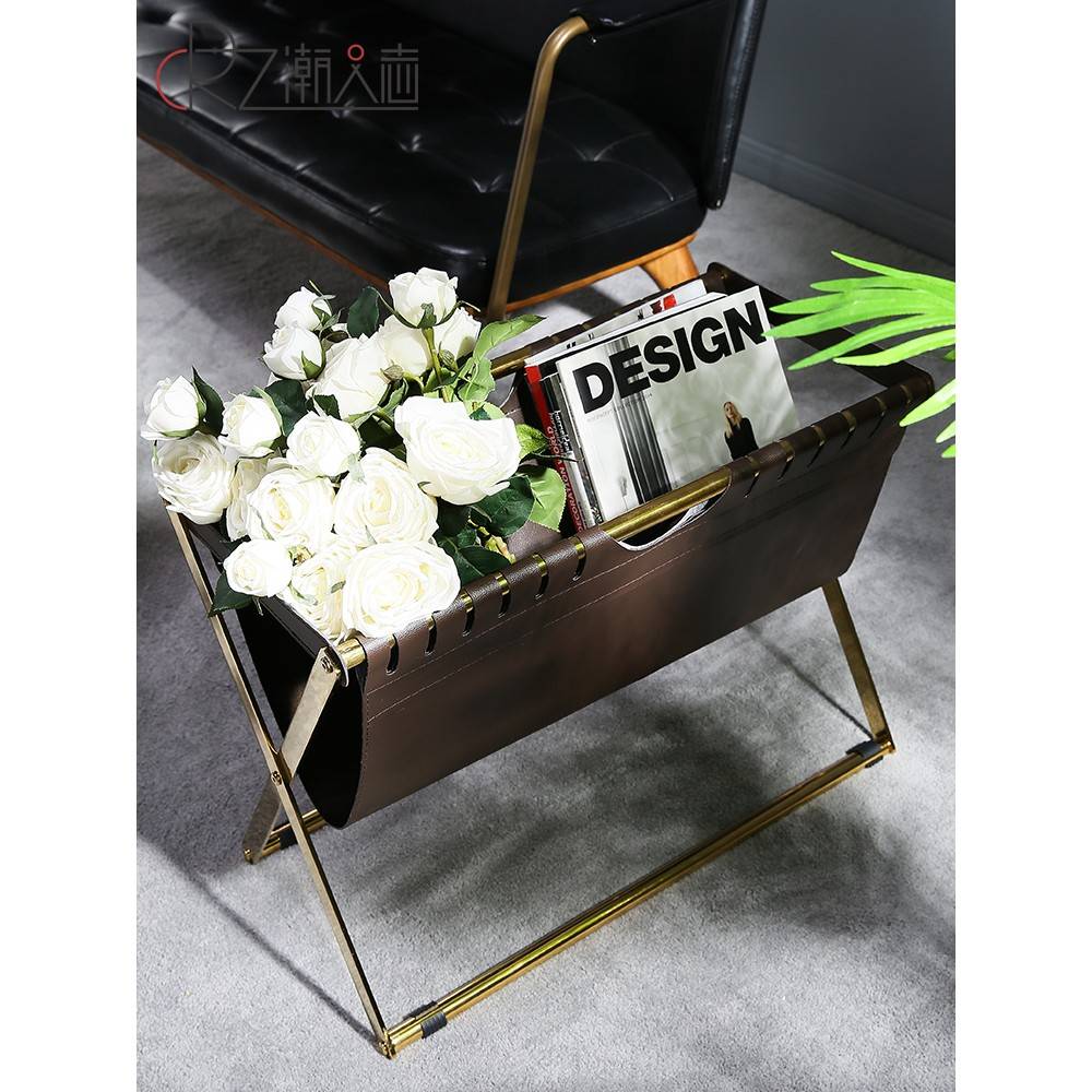 需定制北欧不锈钢皮革书报架落地储物架子家用杂志收纳架报纸报刊