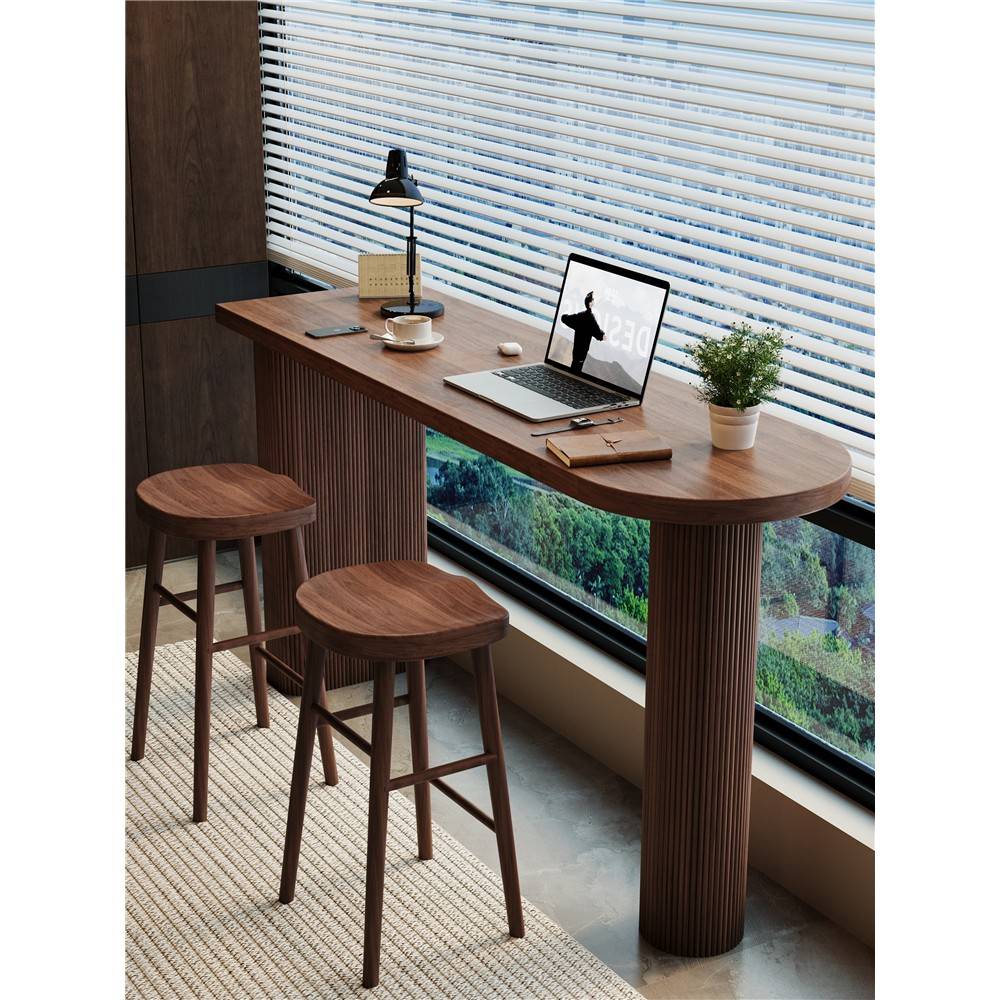 需定制实木双人高脚桌阳台休闲长条书桌家用小户型电脑桌一体客厅