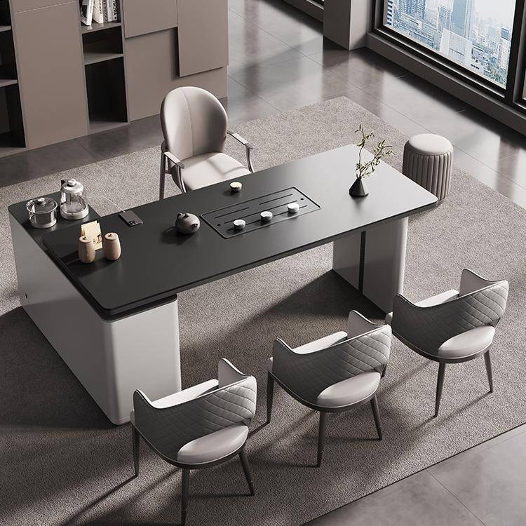 需定制阳台岩板茶桌椅组合现代极简黑高级感办公室L型茶台茶桌一