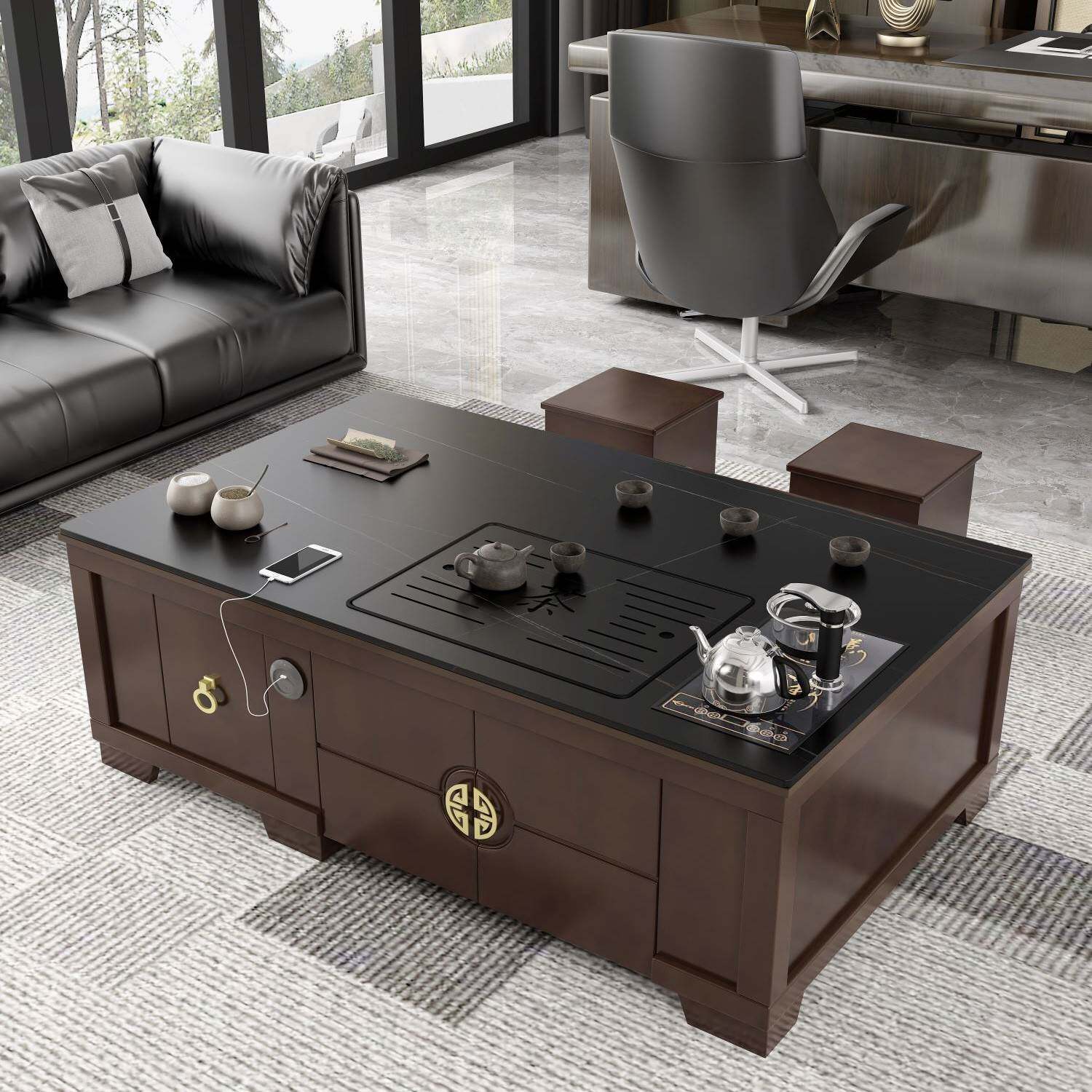 需定制岩板功夫茶几带烧水壶茶桌椅茶具套装一体新中式办公室家用