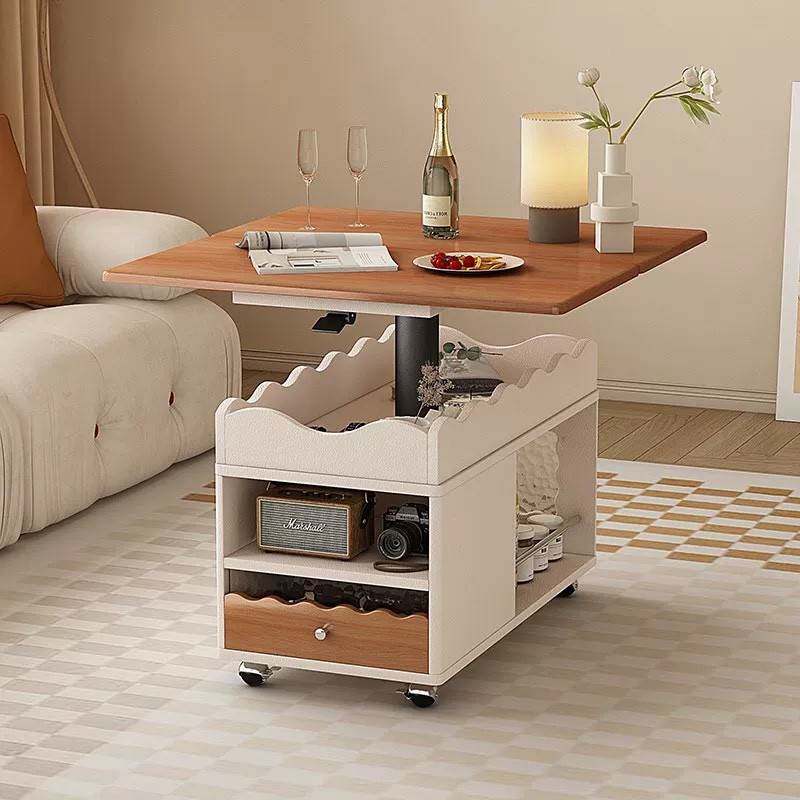 需定制虔心大师奶油中古风升降方桌客厅可调节高度的茶几可移动折