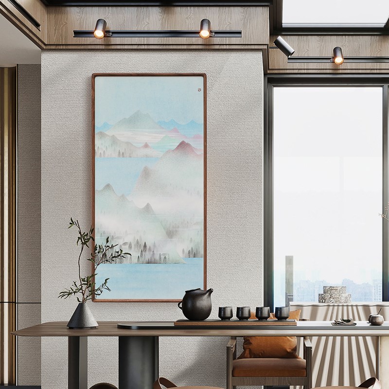 李旭现代水墨山水画竖版玄关新中B式装饰画禅意茶室民宿巨幅竖挂