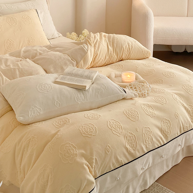 网红钉珠a雕花绒加厚牛奶绒四件套冬款珊瑚绒被套公主风刺绣床笠