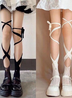 黑色小腿袜女春秋透气日系辣妹腿套y2k交叉绑带袜子薄