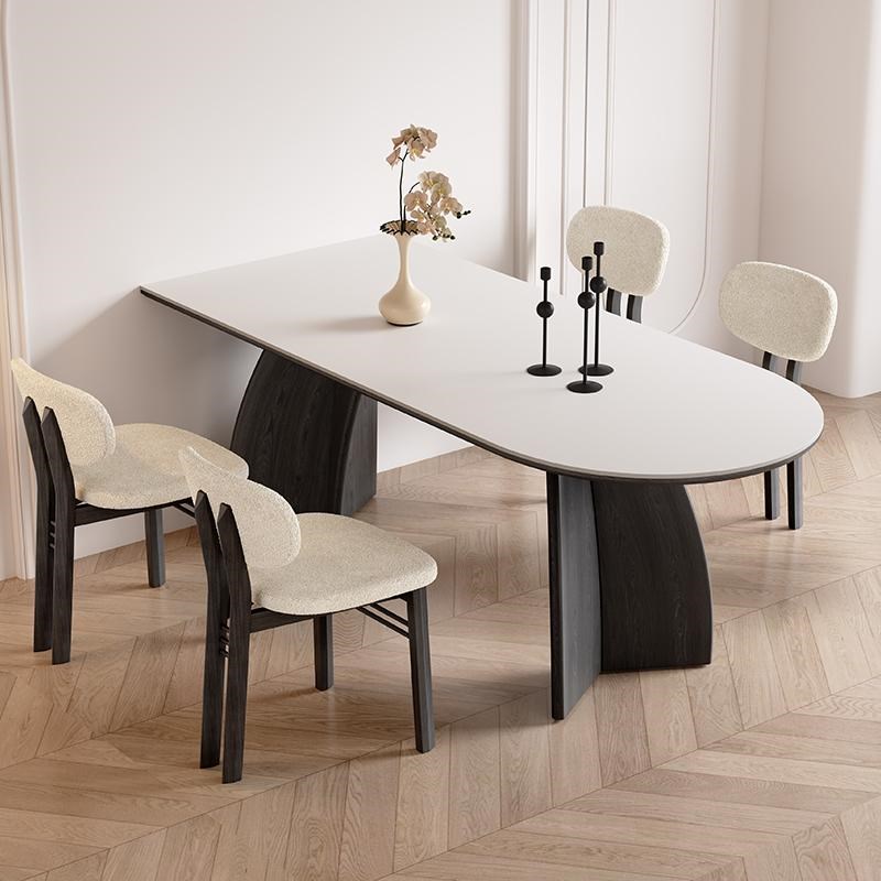 法式复古纯白岩板餐桌半圆饭桌客厅家用20K25新款实木岩板岛台餐