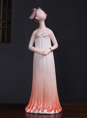 如意陶瓷瓷器创意美女工艺品摆件仕古典女女粉色站人物式仕家居