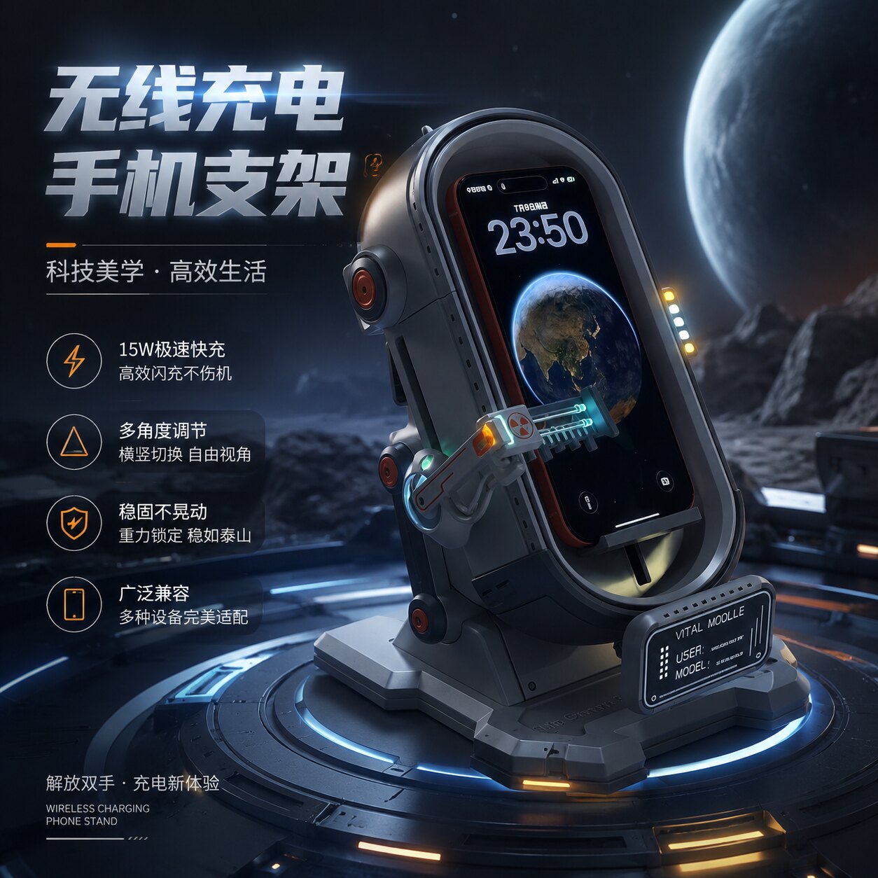 太空舱造型无线充电支架手机桌面支撑架智能快充底座稳固支撑不晃动解放双手电竞桌搭氛围神器提升效率