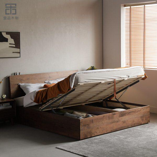 北欧简约新款黑胡桃木高箱体气压储物床主卧室橡木原木双人实木床