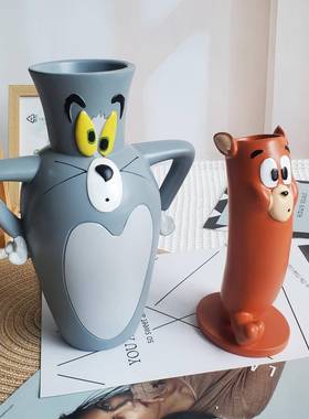 卡通变形小老鼠花瓶插花水培装饰汤姆猫花瓶猫和老鼠花瓶树脂摆件