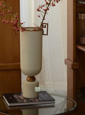 印度进口复古做旧装饰花瓶新中式大理石轻奢金属高端特色摆件