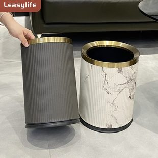 风垃圾桶家用客厅厨房卧室卫生间轻奢百搭双层皮革无盖大号 新中式