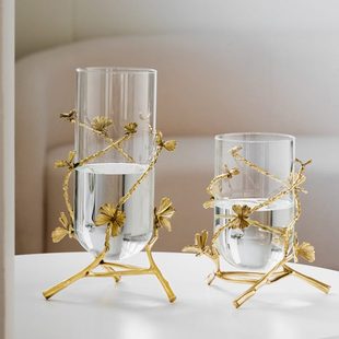 收獲小屋輕奢黃銅玻璃花瓶客廳電視柜插鮮花水培植物擺件桌面裝 飾