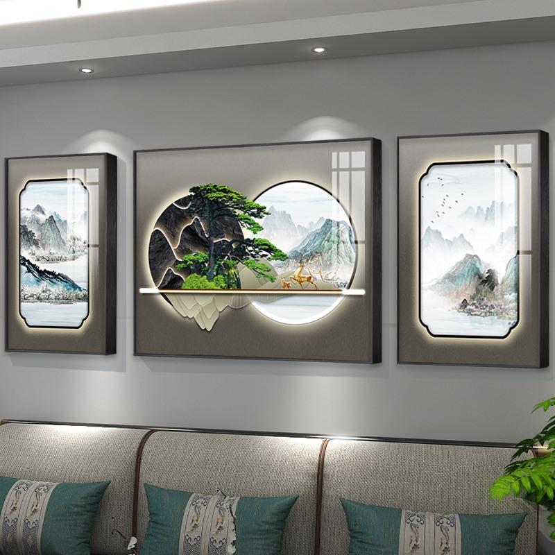 客厅装饰画新中式l沙发背景墙挂画办公室书房壁画迎客松高档晶瓷图片