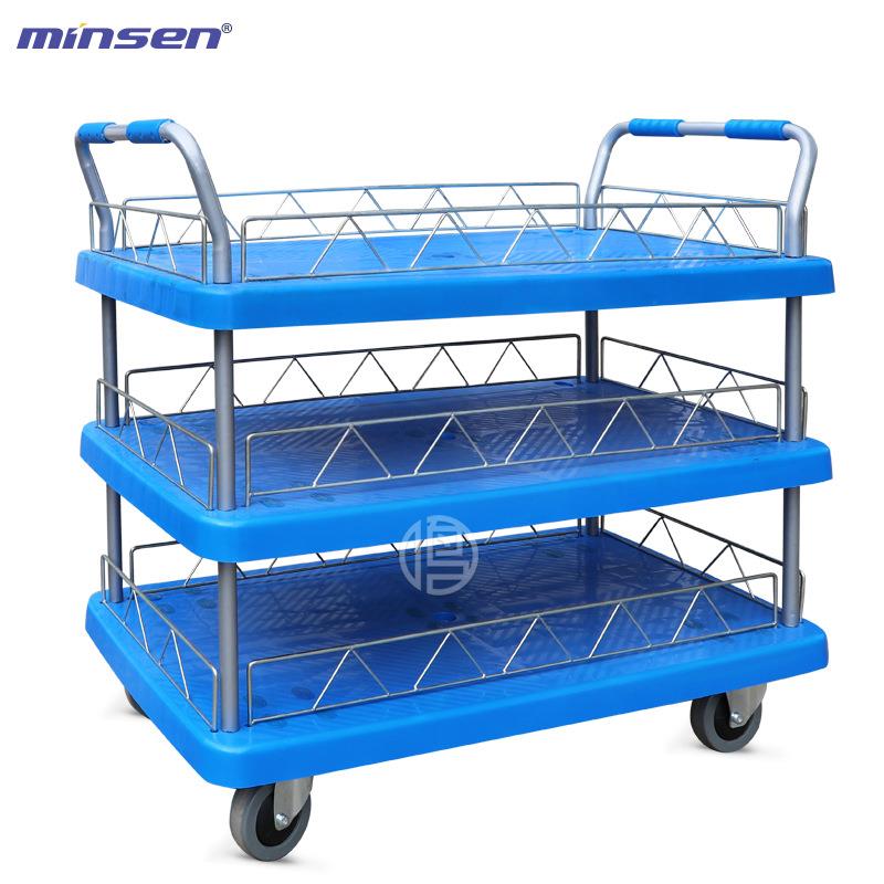 多层塑板手推车两层平板工具车静音易推三层塑料搬运车鸣泰厂家