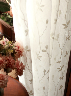 定制窗纱北欧植物客厅纱s帘白色刺绣田园卧室阳台落地窗成品窗帘