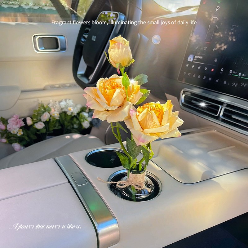 车载玫瑰香薰摆件k中控台水杯架氛围法式油画汽车仿真花束车内装