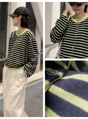 INFINITE COASTLINE/无垠海岸春晓12507春秋针织蓝绿条开衫