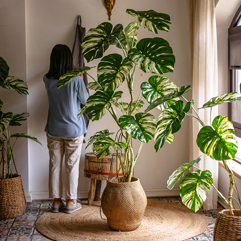 花叶龟背竹假树白锦仿真t植物盆栽大型仿生绿植客厅摆件轻奢风造