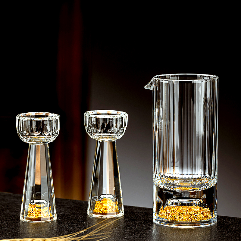 金箔水晶白酒杯套装家用玻璃分酒器酒壶高档礼R盒一口杯中式酒盅