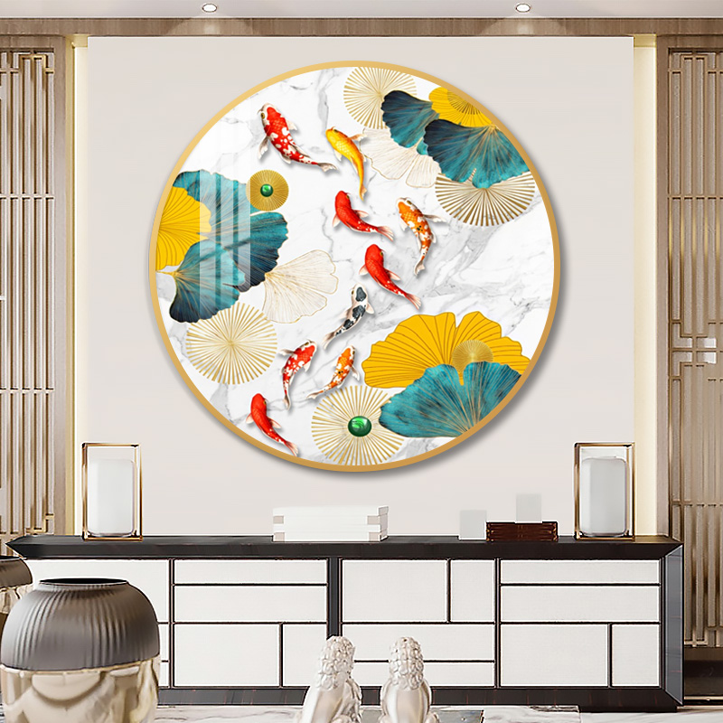 九鱼图玄关装饰画酒店餐厅过道走廊尽头圆形挂画客厅招财聚财壁画图片