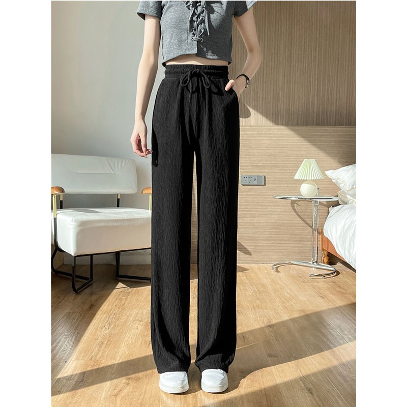 荷绿褶皱阔腿裤女2022年夏季高腰宽松垂感抽绳大码直筒休闲拖地裤