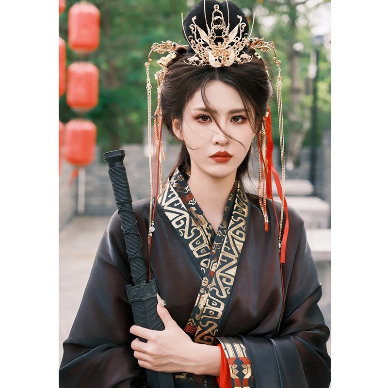 战国袍汉服女2024年秋季新款黑色广袖古装仙侠古风舞蹈演出服套装