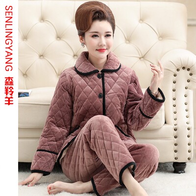 冬季睡衣女珊瑚绒夹棉保暖三层加厚婆婆中老年老人套装中年妈妈款