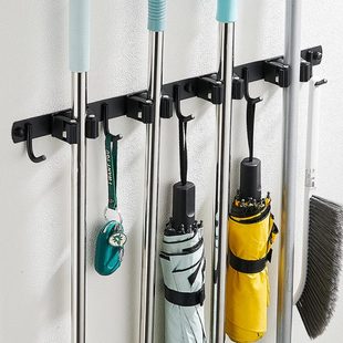免打孔多功能收纳扫把神器 卫生间家用拖把架304不锈钢黑色壁挂式