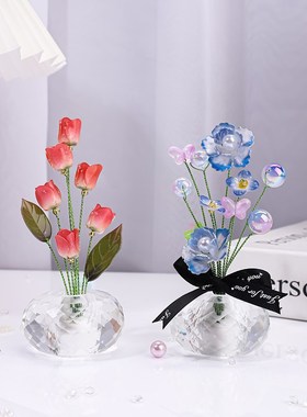 水晶花朵桌面小i摆件创意客厅轻奢高档家居玄关装饰品办公工位摆