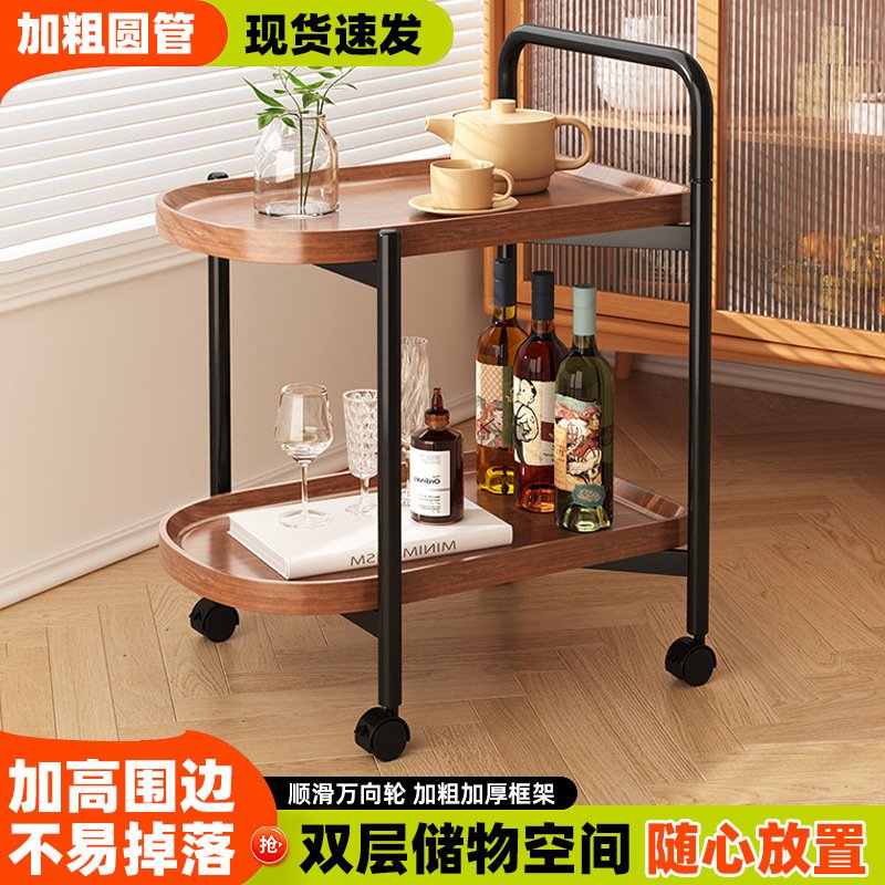 带轮茶几小桌子复古小推车家用客厅沙发床头小边几圆形双层置物架
