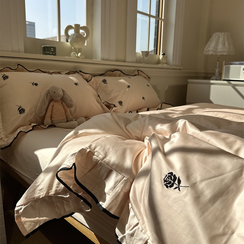 法式田园100支刺绣玫瑰粉荷叶边床上四件套全棉1.R5m1.8米床单被