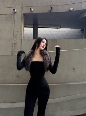 BETTER ME黑色套装辣妹修身显瘦毛毛长袖坎肩开衫+针织抹胸上衣