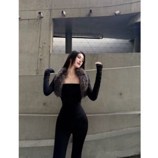 坎肩开衫 BETTER 显瘦毛毛长袖 辣妹修身 针织抹胸上衣 ME黑色套装