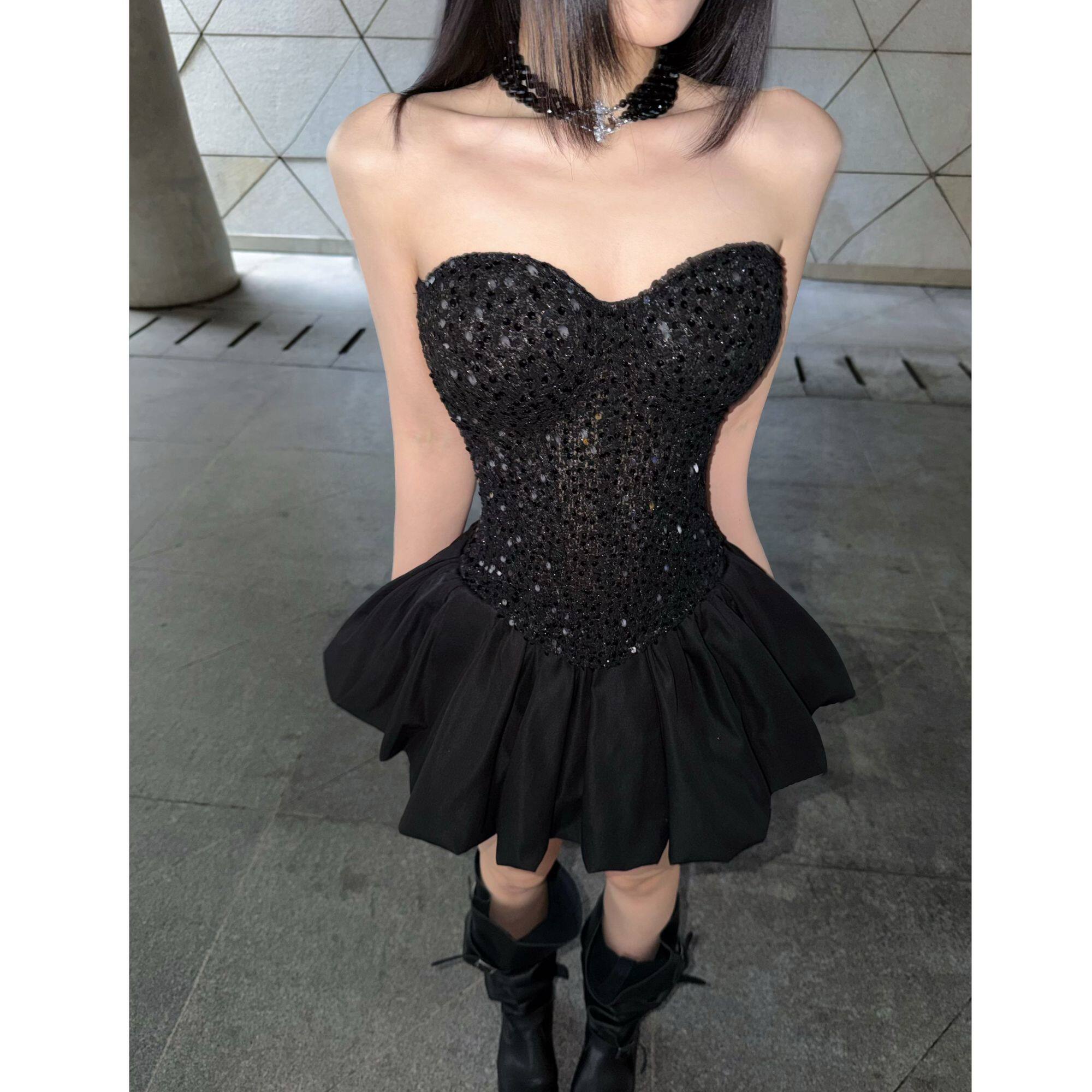BETTER ME 黑色法式性感立体鱼骨束身抹胸上衣配流光缎面裙套装