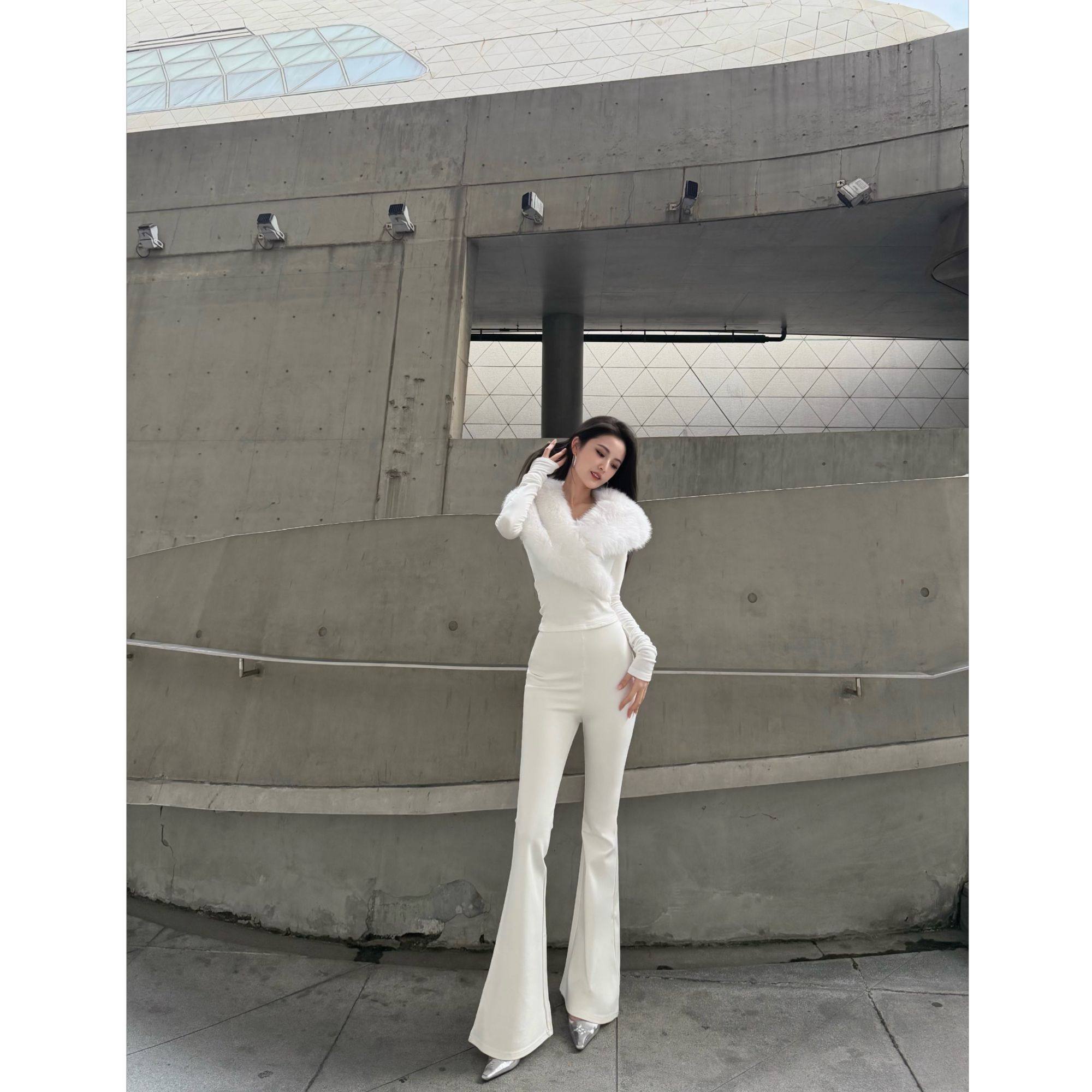 BETTER ME 白色加绒气质百搭修身高腰垂感微喇拖地裤显瘦女士