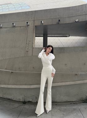 BETTER ME 白色加绒气质百搭修身高腰垂感微喇拖地裤显瘦女士