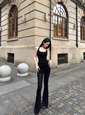 BETTER ME 网纱挂脖连衣裙上衣&微喇长裤套装