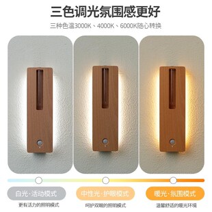 实木墙壁花器壁灯玄关背景墙客厅装饰灯免布线打孔夜灯三色感应灯