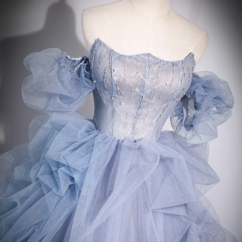 一字肩晚礼服性感仙气钢琴演奏成人礼婚纱美声独唱蓝色纱裙艺考