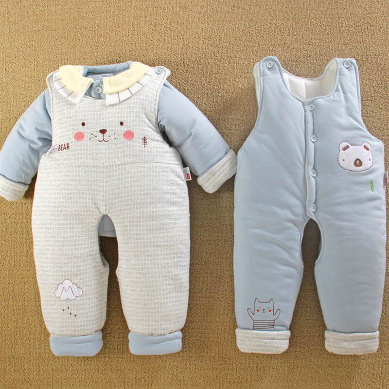 七6四8个月款婴儿加厚棉服袄冬装男宝宝衣服背带裤三件套装冬季天