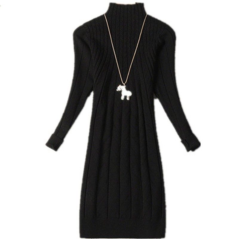 加绒加厚打底毛衣女中长款修身2021新款秋冬套头外套针织衫毛衣裙