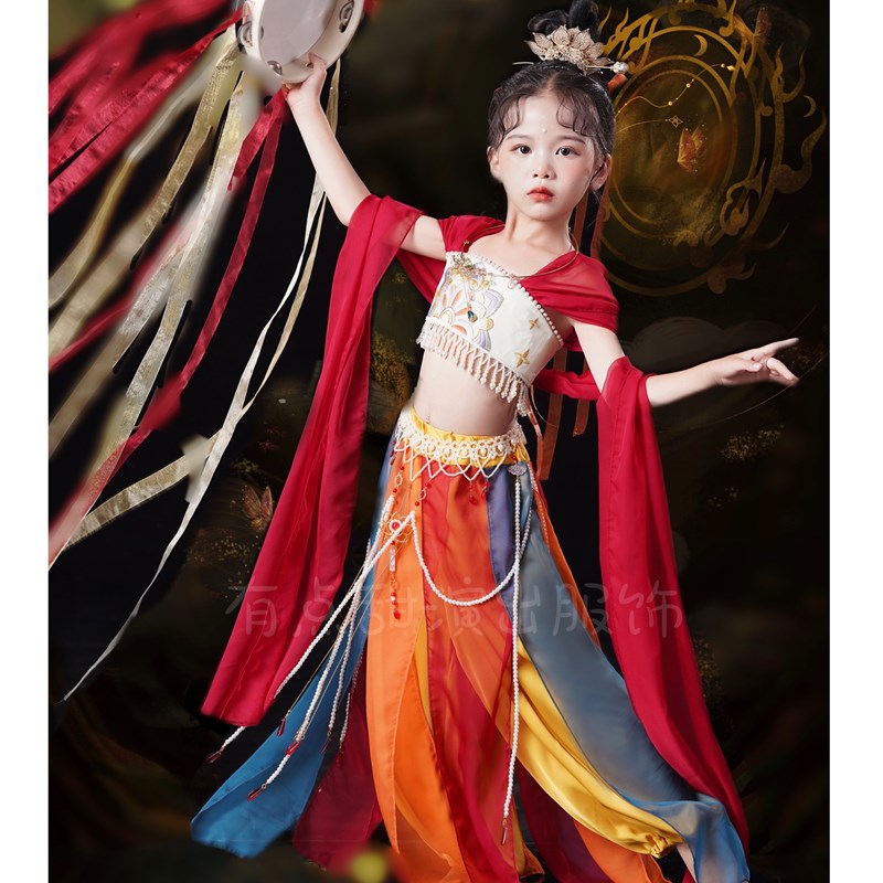 新款中国风汉服舞蹈服敦煌飞天儿童演出服异域风情古典舞反弹琵琶