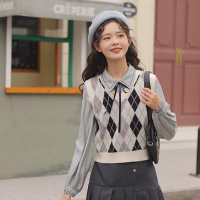 菱格针织马甲背心女早秋冬季洋气叠穿百搭短款毛衣马夹外套小个子