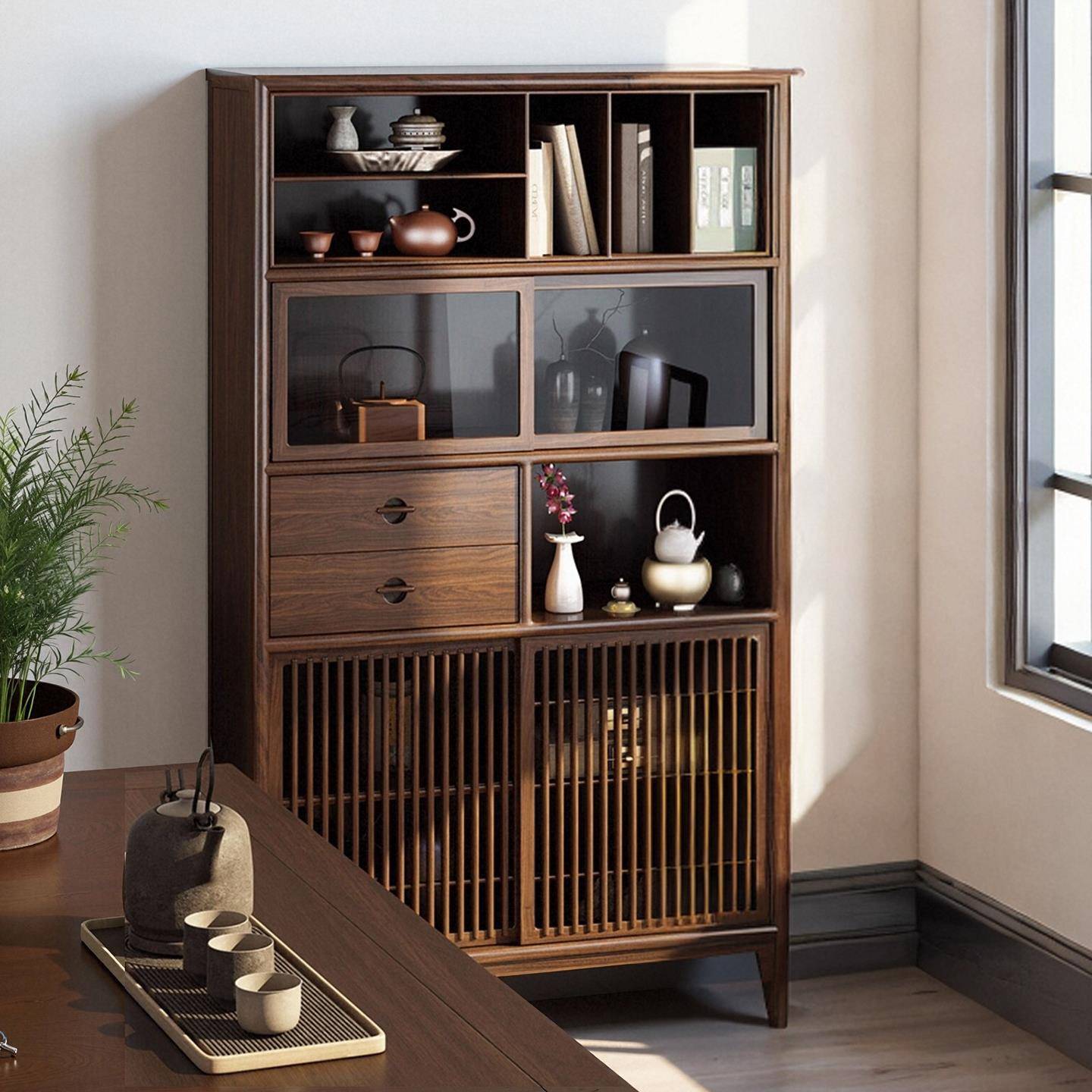 博古架展示柜实木储物柜老榆木多功能餐边柜茶具展示柜新中式边柜