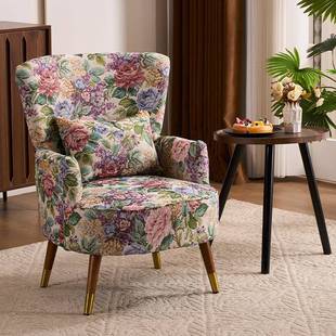美式 复古田园风单人沙发客厅阳台卧室提花布艺高背懒人沙发老虎椅