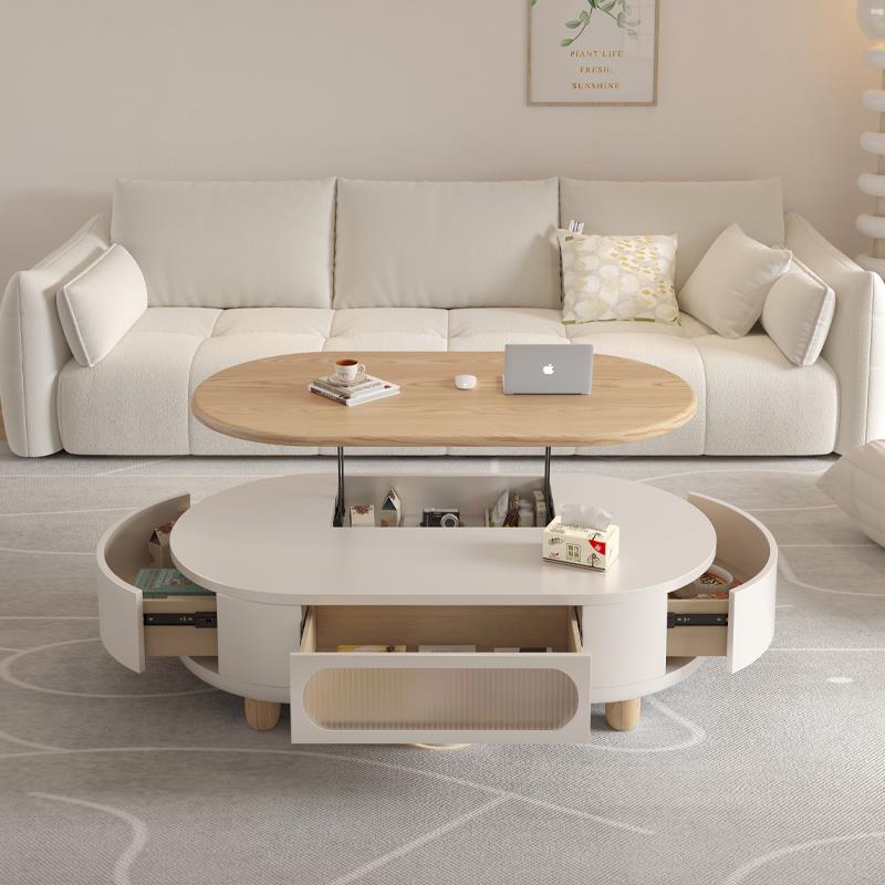 原木奶油风升降茶几餐桌两用二合一多功能可移动客厅家用小户型