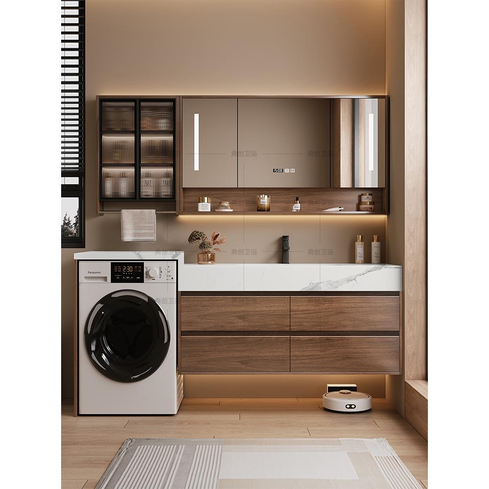 新中式高低盆洗衣机柜卫生间洗脸盆洗手台一体浴室柜组合智能镜柜