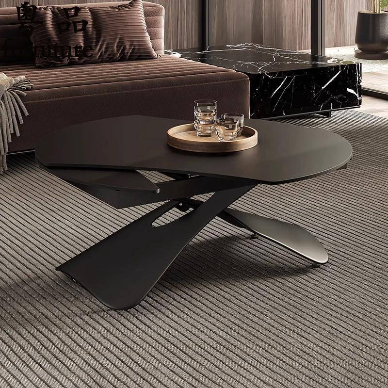 客厅纯黑岩板升降移动茶几餐桌两用一体多功能家用小户型旋转圆桌