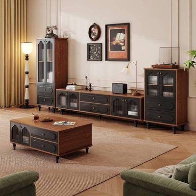 法式覆古实木电视柜客厅家用落地收纳柜小户型边柜收纳柜茶几组合