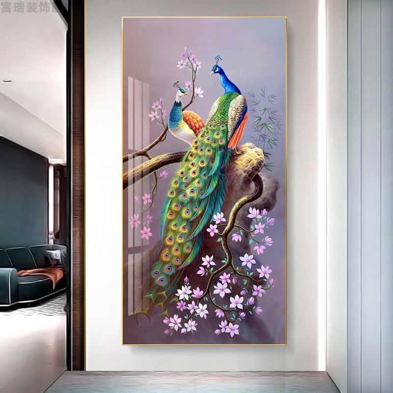 孔雀浮雕烤瓷油画款中式欧式带框会所客厅别墅艺术挂画玄关装饰画图片